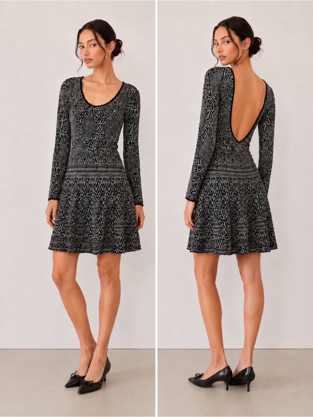 Zara Black and White Long-Sleeve Fit-and-Flare Dress